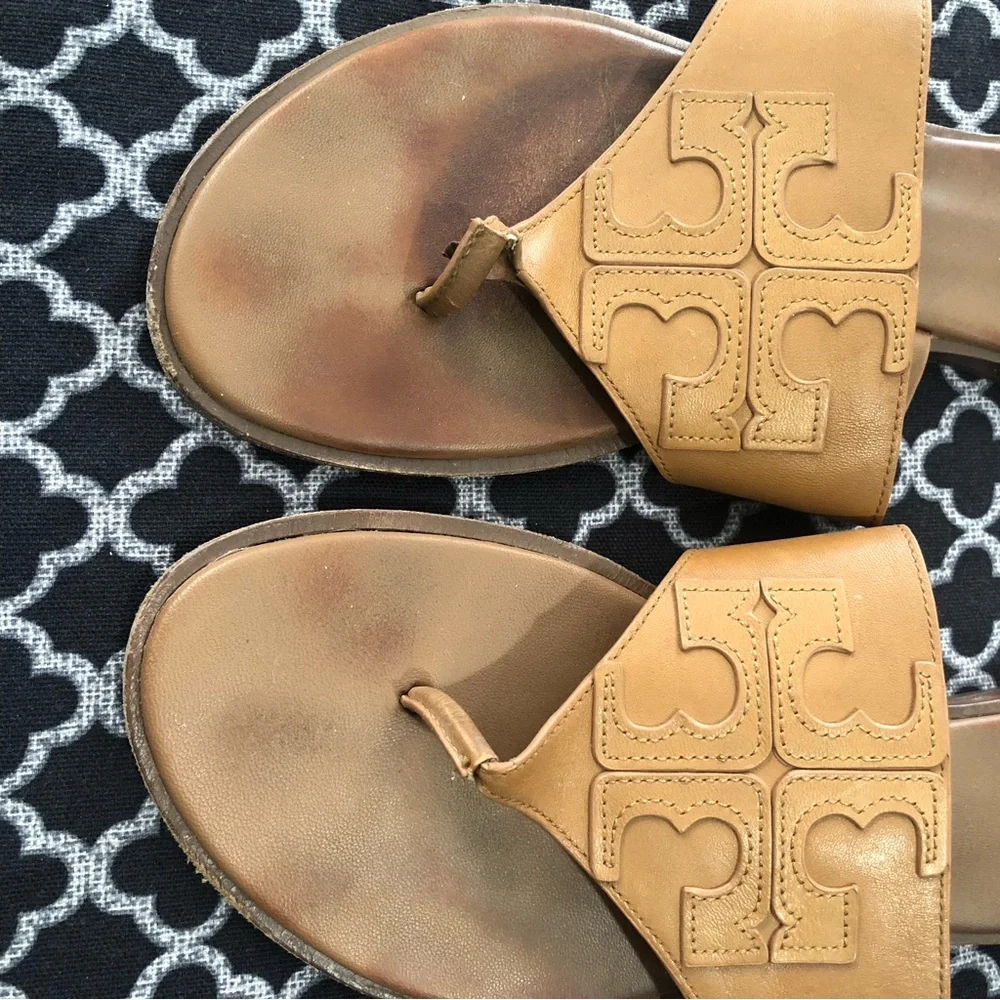 Tory Burch Womens Jamie Brown Tan 10.5 Calf Leather Full Logo Thong Brown 48275
